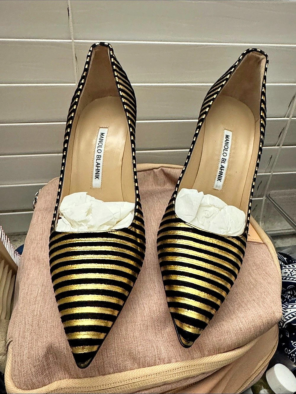 Manolo Blahnik Black & Gold Striped Heels EU 38